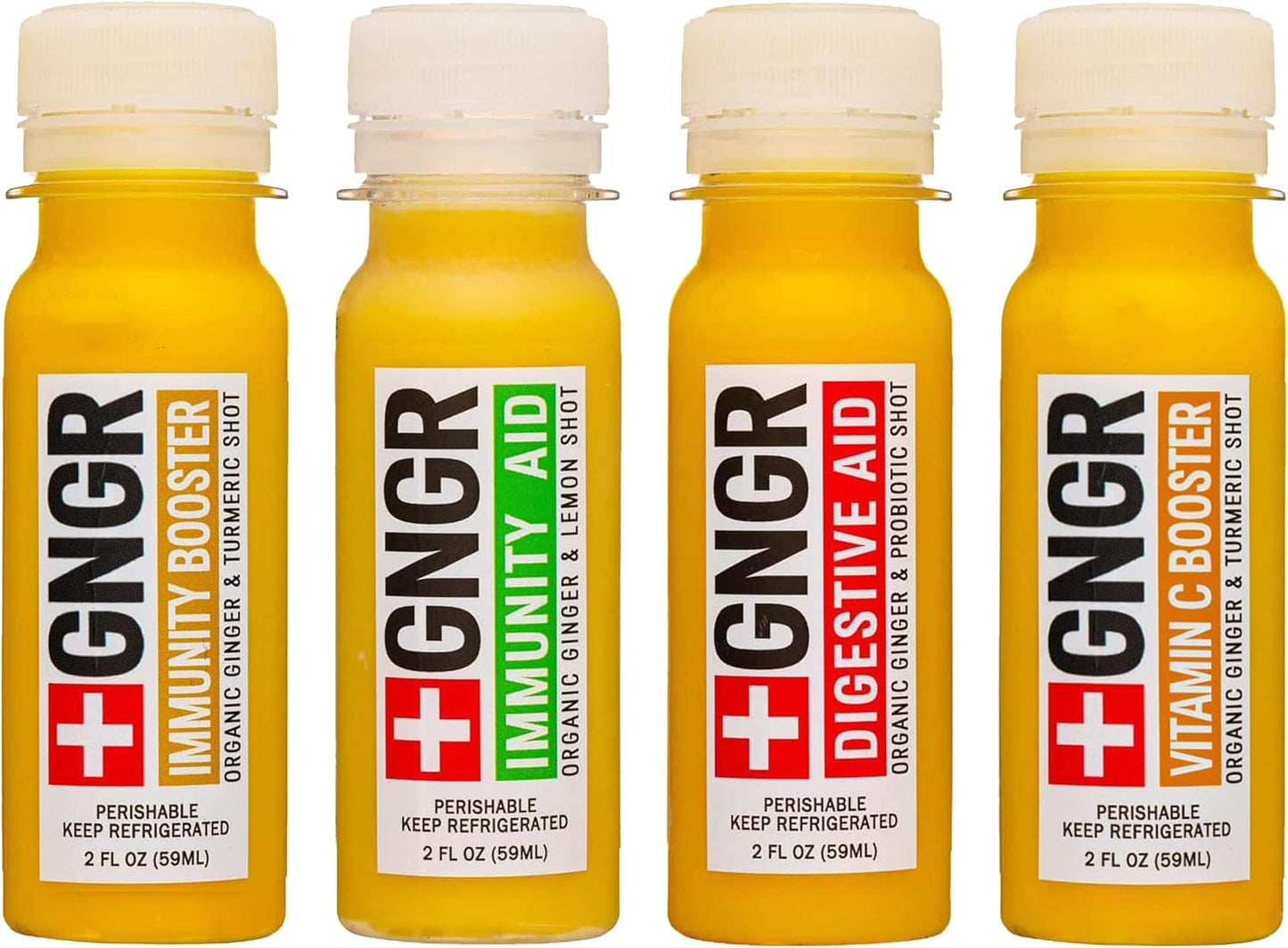 +GNGR 24 Shots Variety Pack of Organic Immunity Boosting Ginger Shots - Cold Pressed Ginger Shots for All Natural Digestive and Immune Support - Nothing Artificial - USDA Organic (2 Fl Oz, 24 Pack)