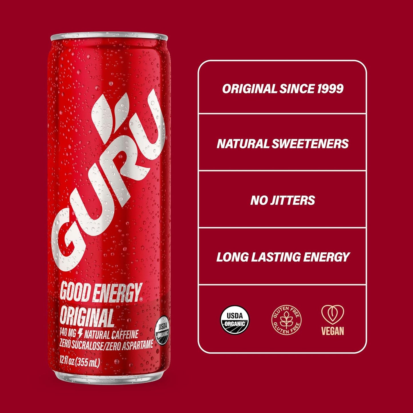 GURU Original Organic Energy Drinks, Clean Energy Drink with Plant Based Natural Caffeine from Green Tea, Gluten Free and Vegan, 140MG Caffeine, Healthy Drinks, 12oz (Pack of 24)