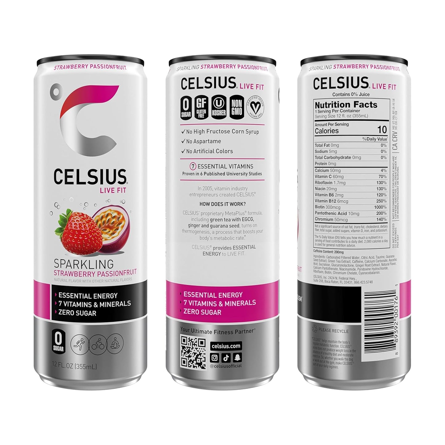 CELSIUS Sparkling Strawberry Passionfruit, Sugar Free Energy Drink, 12 Fl Oz (Pack of 12)