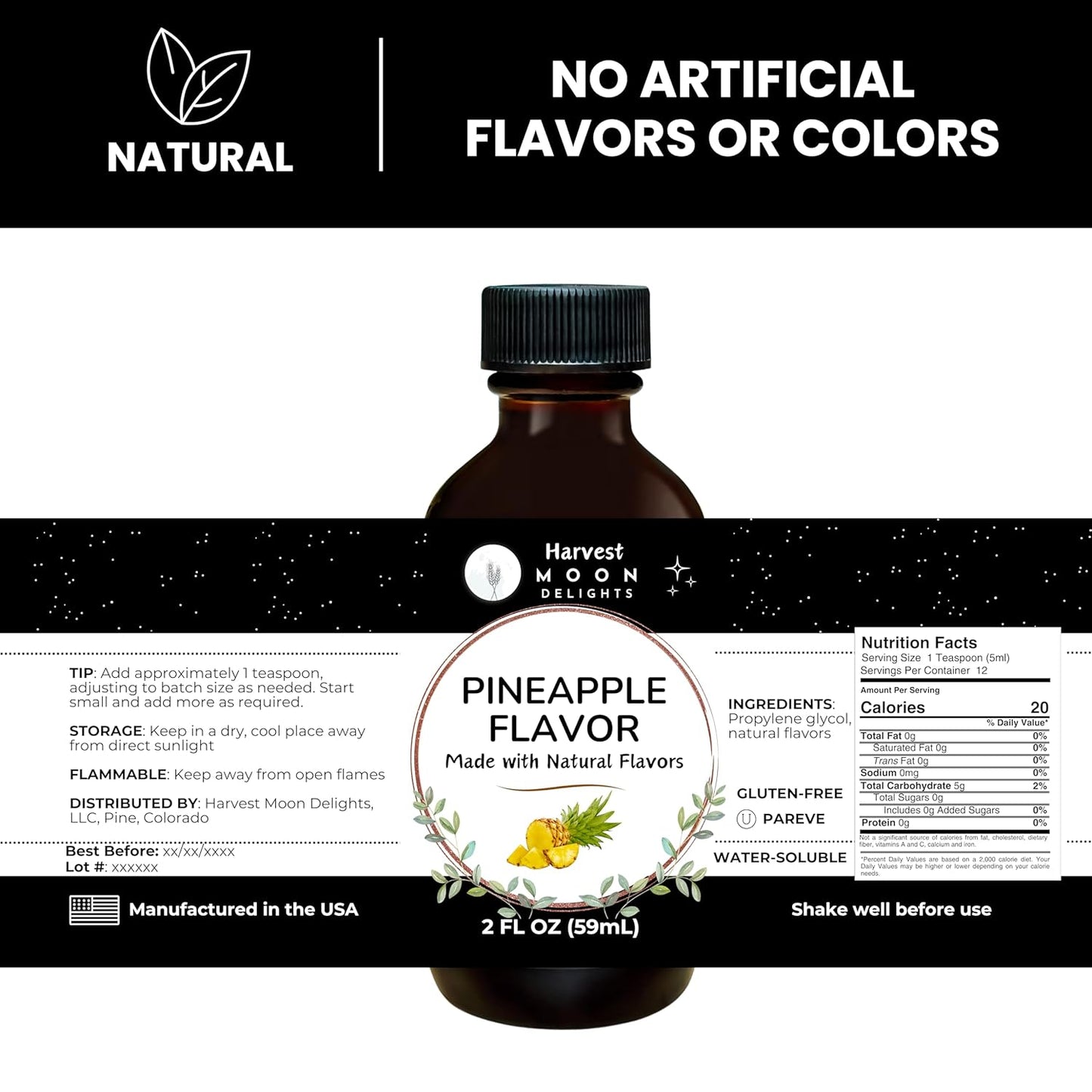 Natural Pineapple Extract - 2 oz - Water-Soluble - By Harvest Moon Delights - Pineapple Extract for Baking, Ice Cream, Drinks, and Candy - Flavoring, Flavor, Sugar-Free,