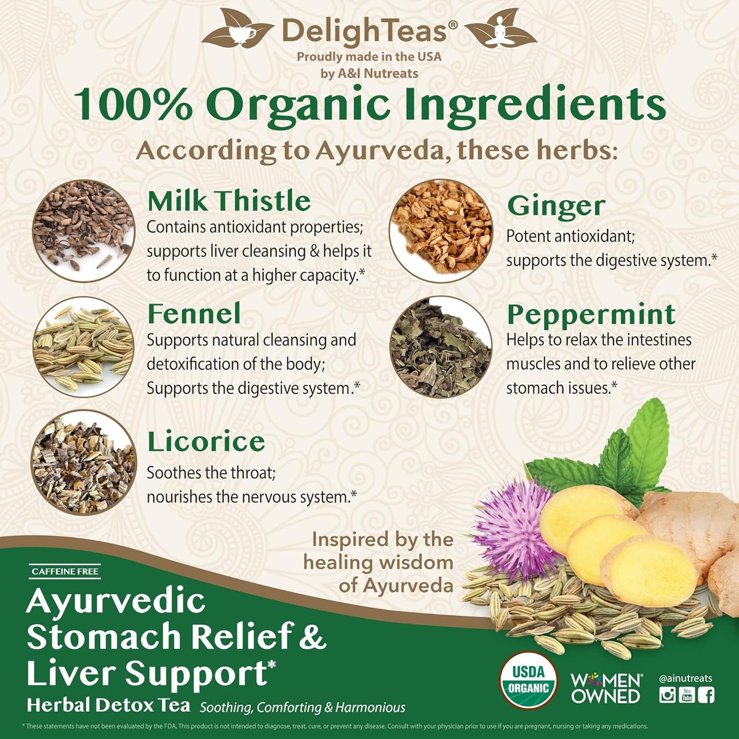 DelighTeas Liver Detox tea | Stomach Relief & Liver Cleansing | Ayurvedic Loose Leaf Milk Thistle, Fennel, Ginger Tea for Digestion | USDA Organic, Vegan, Caffeine Free, Sugar Free | 50 Servings, 5oz