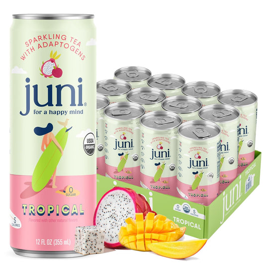 Juni Sparkling Adaptogen Drink with Ashwagandha, Lion’s Mane & Reishi Mushrooms | Green Tea for Focus, Zero Sugar, 5 Calories, Organic | Non Alcoholic Drinks - Tropical 12 pack