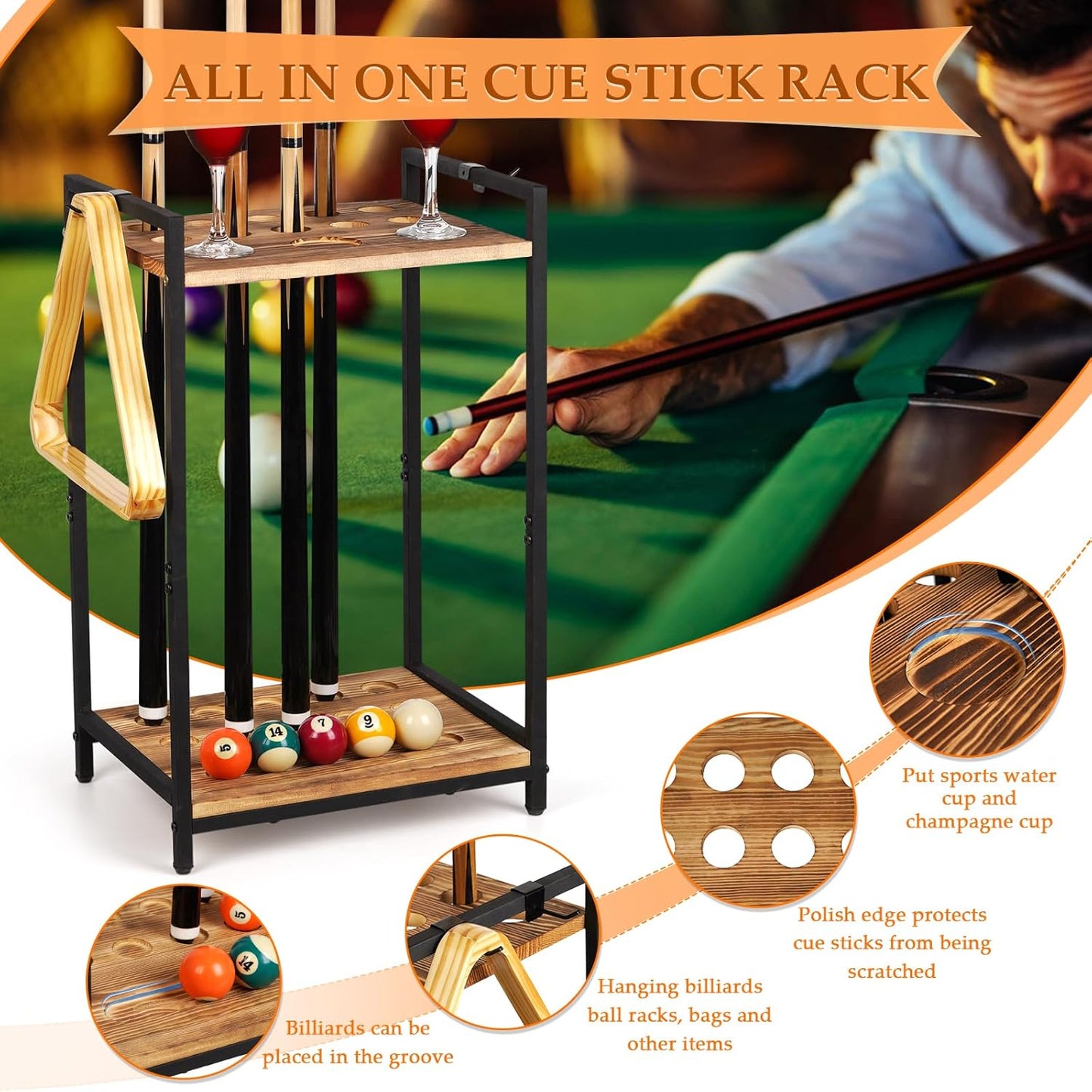 Pool Stick Holder - Freestanding Pool Cue Holder Floor Stand Wooden Cue Stick Holder 10-Hole Billiard Cue Racks for Game Room Billiard Room Decor Club Pool Table Accessories