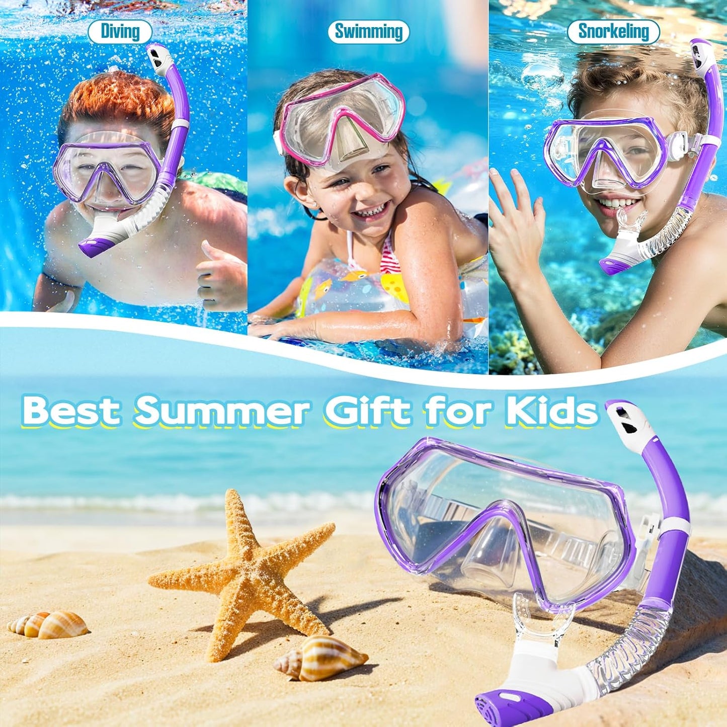 Snorkeling Gear for Kids, Kids Snorkel Set for Ages 3-14, Anti-Fog Diving Mask and Dry Top Snorkel Combo Set, Unisex Swimming Goggles