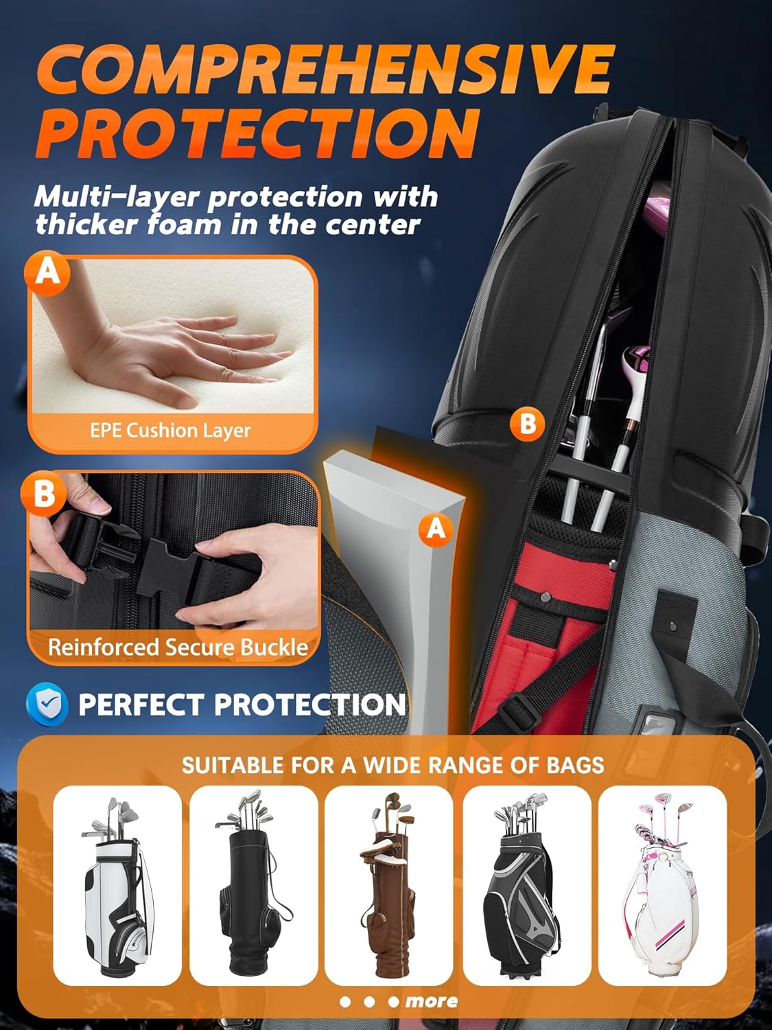 Golf Travel Bag with PC Hard Case Top, 1680D Heavy Duty Oxford Fabric Golf clubs Travel Bags for Airlines with Wheels, Wear-Resistant, Foldable