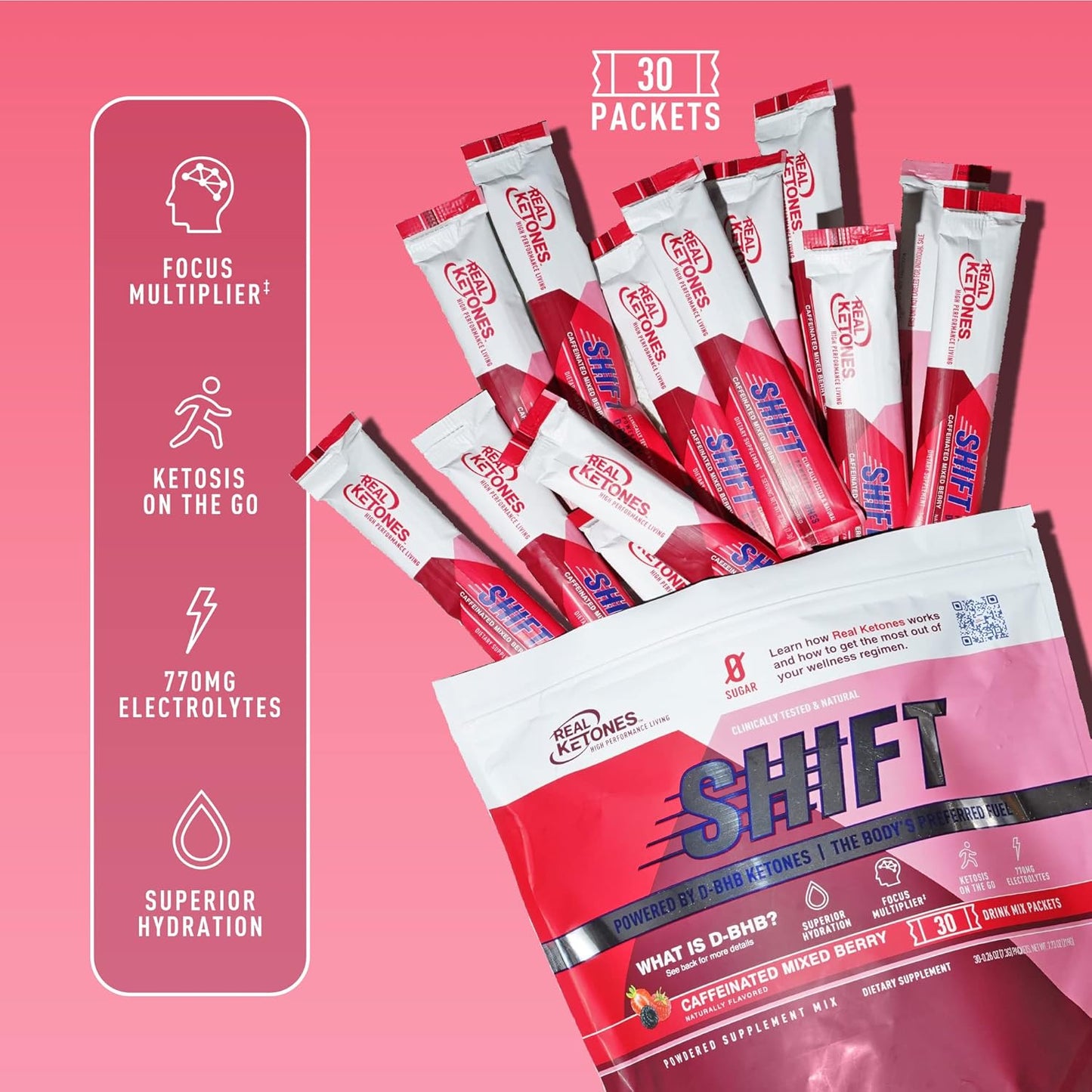 Real Ketones BHB Exogenous Ketones Drink Mix Packets Keto Electrolytes Powder Packets No Sugar with 4 Main Fasting Electrolytes Plus Hydrating Patented Keto BHB - 30 Count Mixed Berry Caffeine