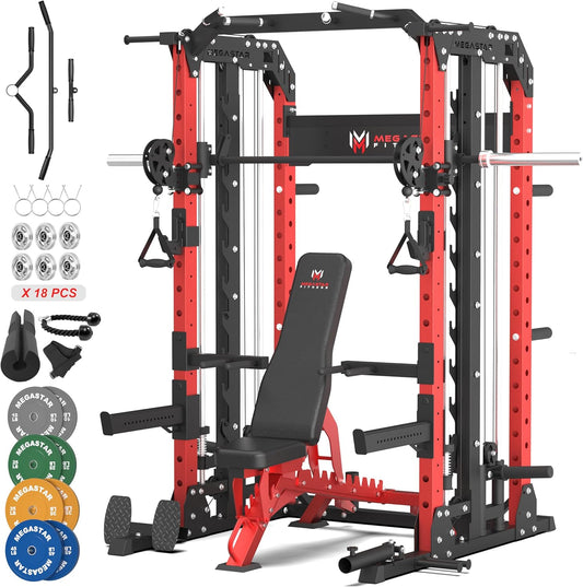 Smith Machine Home Gym with Aluminum Pulley Set - 2000lbs Capacity All-in-One Power Rack with Cable Crossover, Pull-Up Bar & Dip Station, Includes 18 Attachments, P107 Anvil