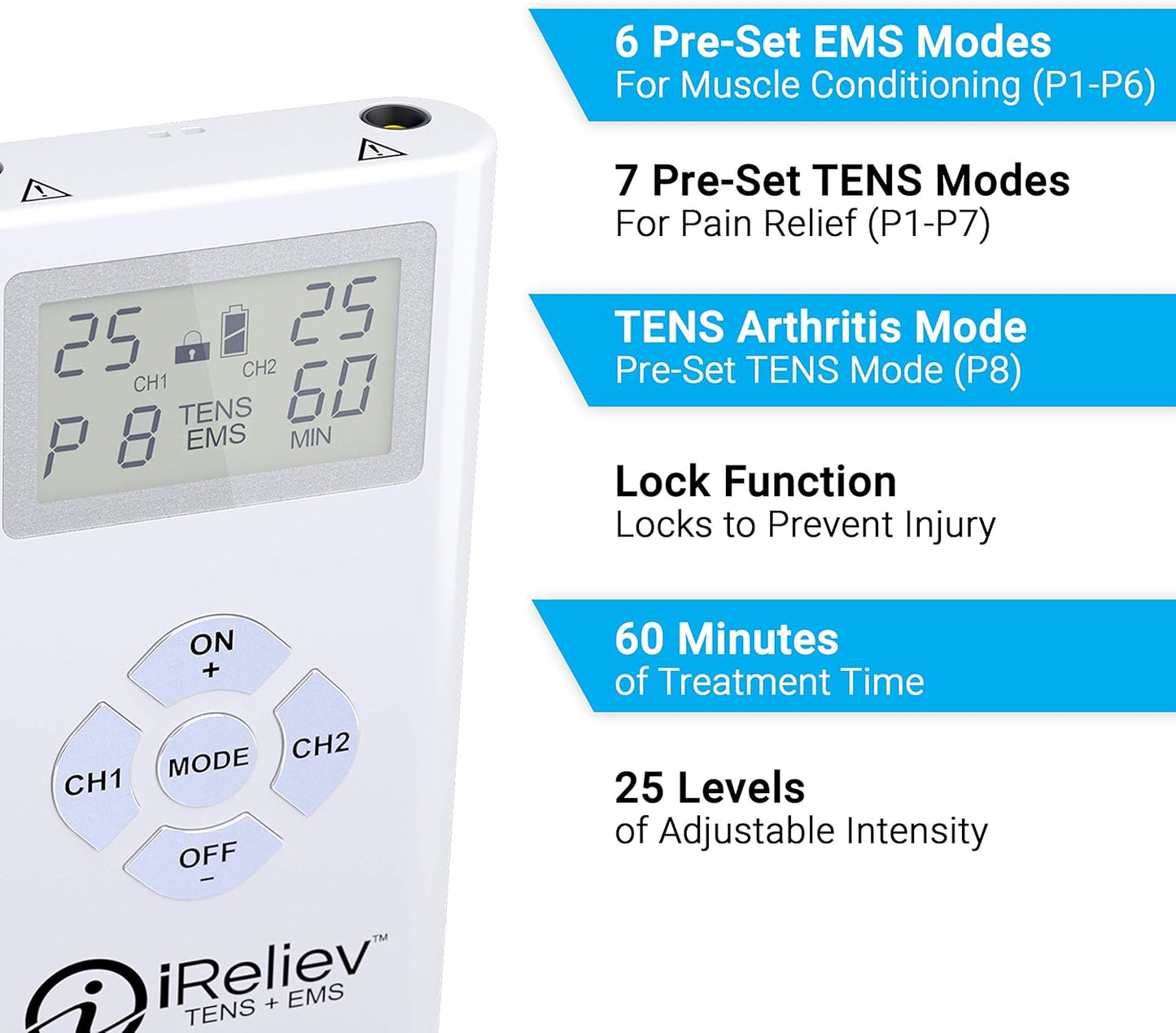 iReliev TENS + EMS Combination Unit Muscle Stimulator for Pain Relief & Arthritis & Muscle Strength with Backlit Display