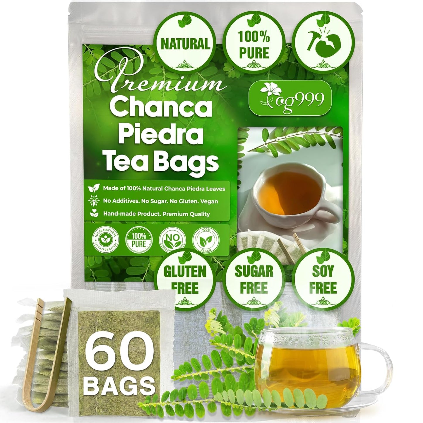 TOG999, 60 Tea bags Dried Chanca Piedra Leaves, Chanca Piedra Tea “Stone Breaker” 100% Natural & Pure. Made with Natural Material Tea Bags. No Sugar, No Caffeine, No Gluten, Vegan.