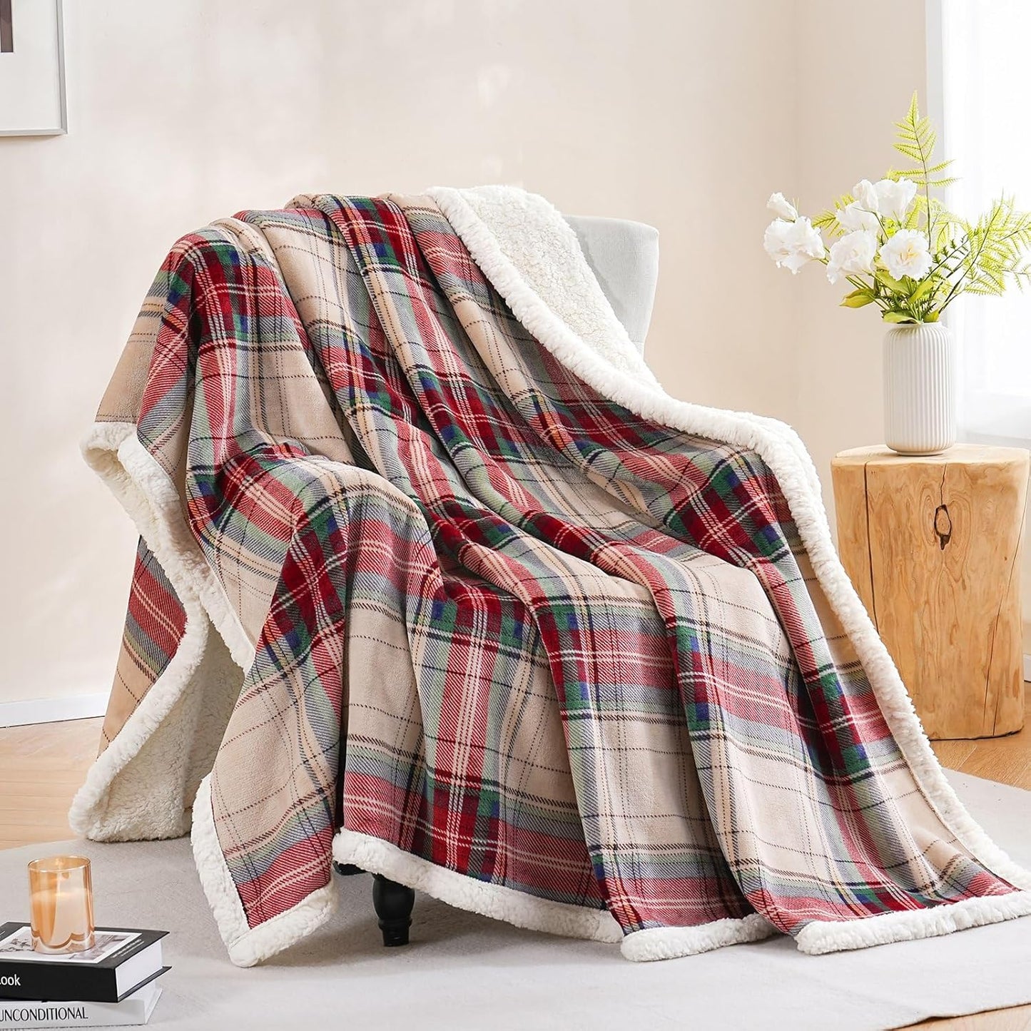 PU MEI Sherpa Fleece Throw Blanket 60" x 80" Reversible Plush Fluffy Large Big Blanket Lattice Flannel Blankets for All Season Use, Chrismas Red