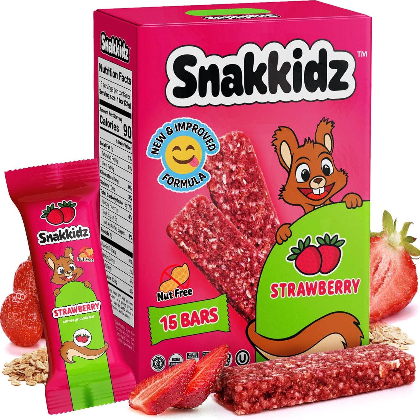 Snakkidz Organic Chewy Granola Bar, Allergen Free, Made with Avocado Oil, Low Sugar (15 Bars, Strawberry)