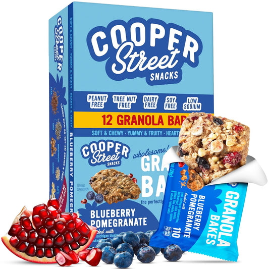 Cooper Street Blueberry Pomegranate Granola Bakes (12 bars) - Individually Wrapped Soft and Chewy Breakfast Granola Bars - Nut, Dairy & Soy Free - Great As Kids Snacks For School, Hiking Or Lunchbreak