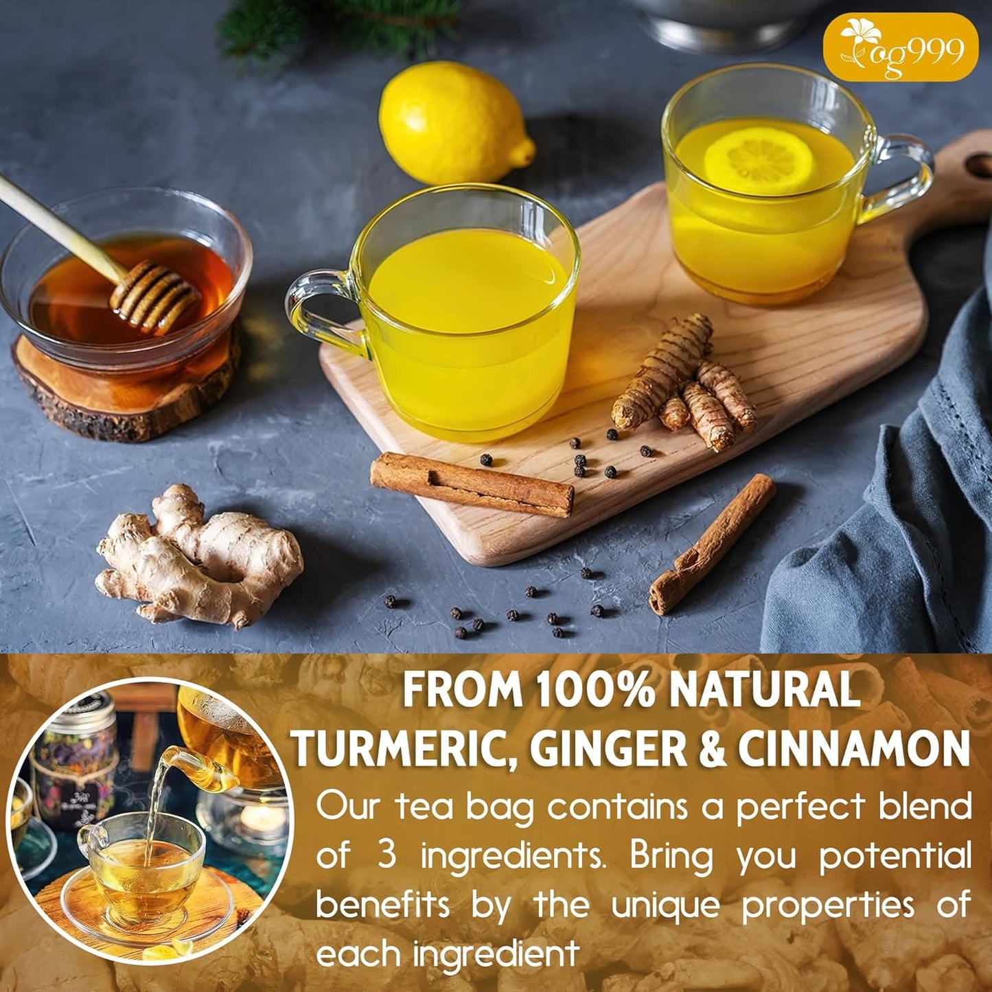 60 Bags Premium Turmeric Ginger Cinnamon Tea, Improve Digestion, Support Brain, Weight, Skin and Sleep, Eco-Conscious Tea Bags and Premium Natural Ingredients. Turmeric Ginger Herbal Tea. No Sugar, No Caffeine, No Gluten, Vegan.
