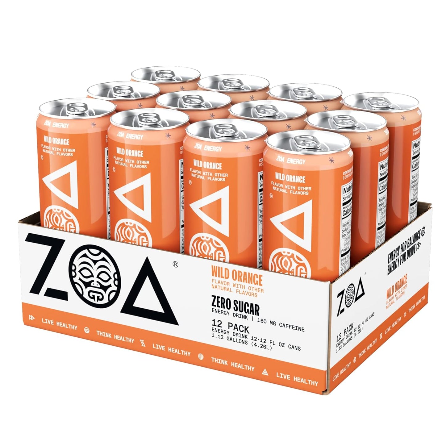 ZOA Zero Sugar Energy Drinks, Wild Orange - Sugar Free with Electrolytes, Healthy Vitamin C, Amino Acids, Essential B-Vitamins, and Caffeine from Green Tea - 12 Fl Oz (12-Pack)