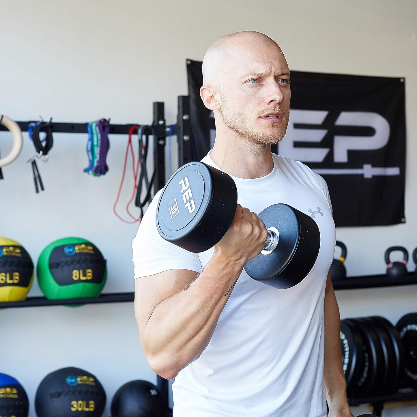 REP Fitness Urethane Coated Round Dumbbells, 5 to 100 lbs, Singles or Pairs, With or Without Rack, Steel Core, Rubber Encased, Chrome Handles, Professional Weights for Home Gym Strength Training