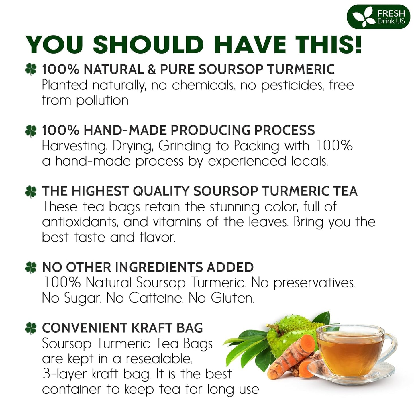 FreshDrinkUS, Premium 25 Tea Bags Soursop Turmeric, 100% Natural, Blend of Soursop Leaves, and Turmeric Root. Made with Natural Material Tea Bags. No Sugar, Vegan.