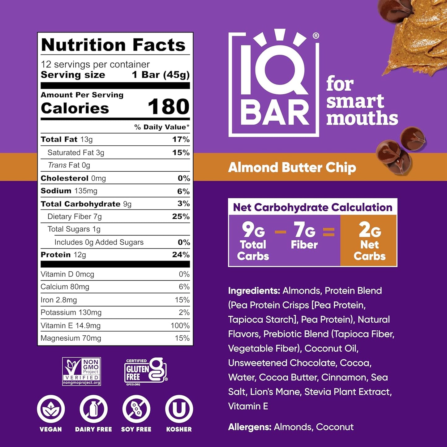 IQBAR Brain and Body Plant Protein Bars - Almond Butter Chip - 12-Count Low Carb - Gluten Free, High Fiber, Vegan Snacks - Low Sugar Meal Replacement