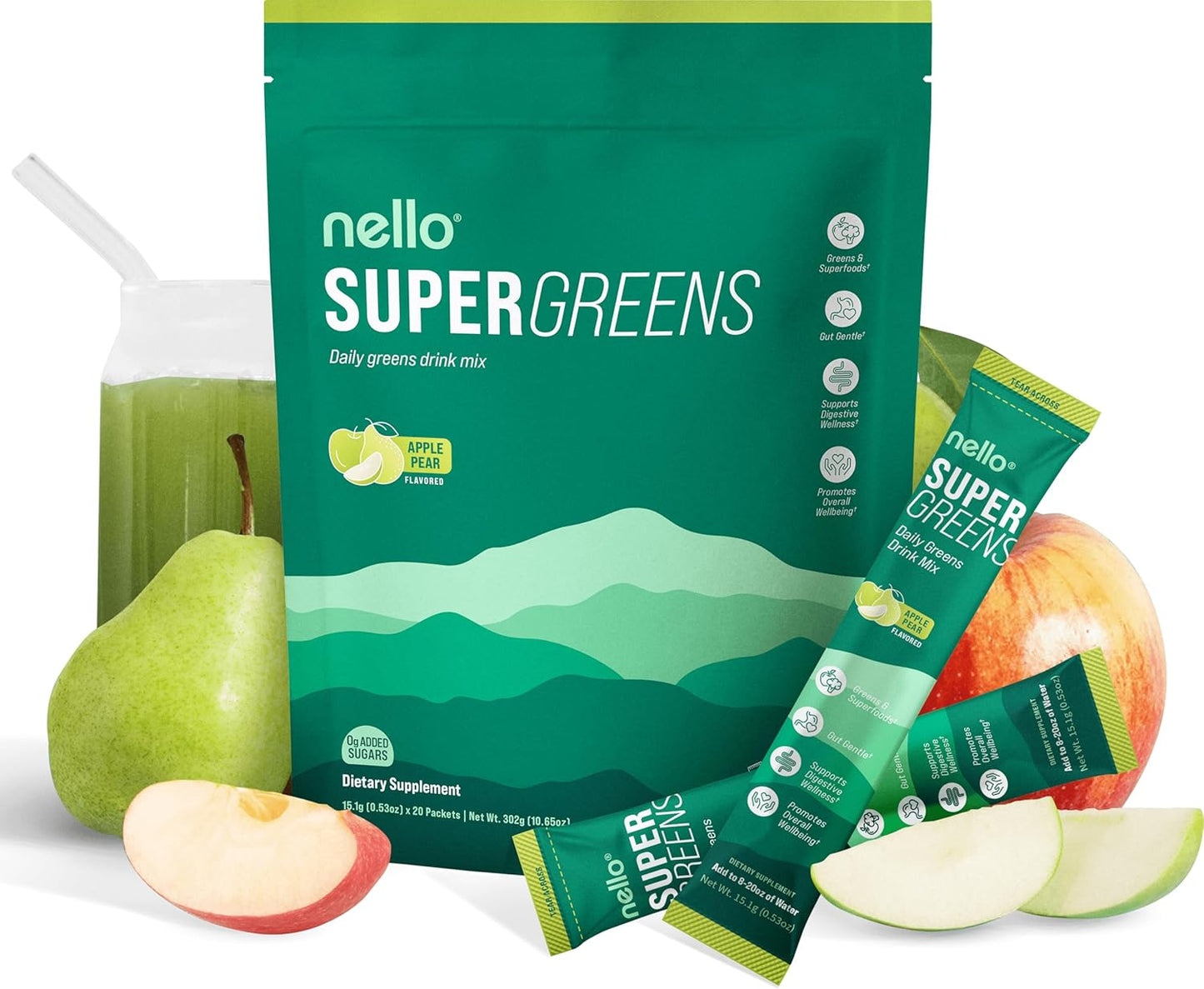 Supergreens Superfood Drink Mix with Chlorella, Moringa, Spinach, Broccoli, Digestive Enzymes, and Probiotics – Apple Pear Flavor, 20 Servings, Travel Pack