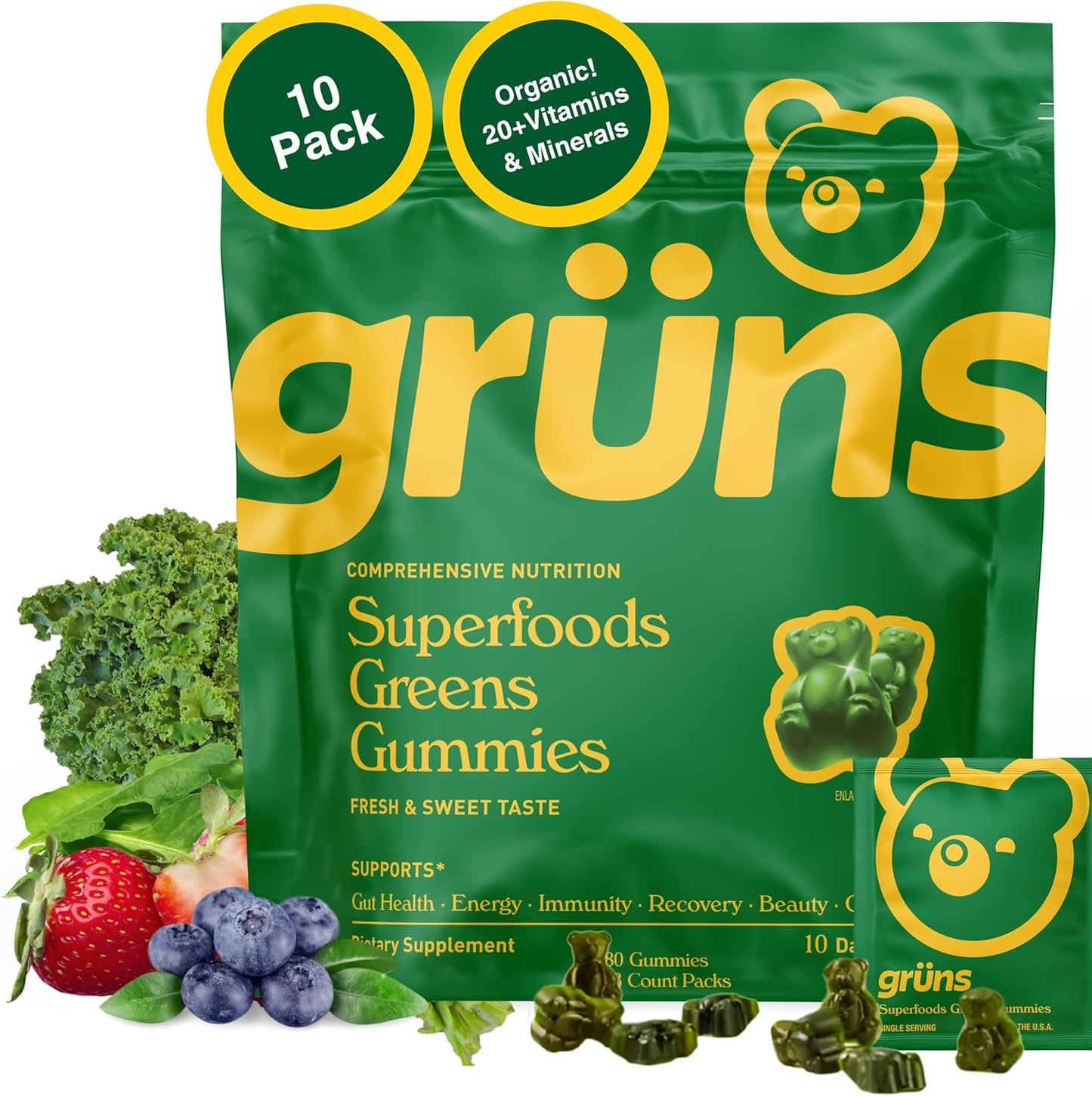 Gruns Adults Super Greens Gummies, Multivitamin Superfood Gummy Bears, Spirulina, Chlorella, Prebiotics & Fiber Gummies for Digestive Health, Adaptogens Supplement, 20 Vitamins & Minerals, 10 Count