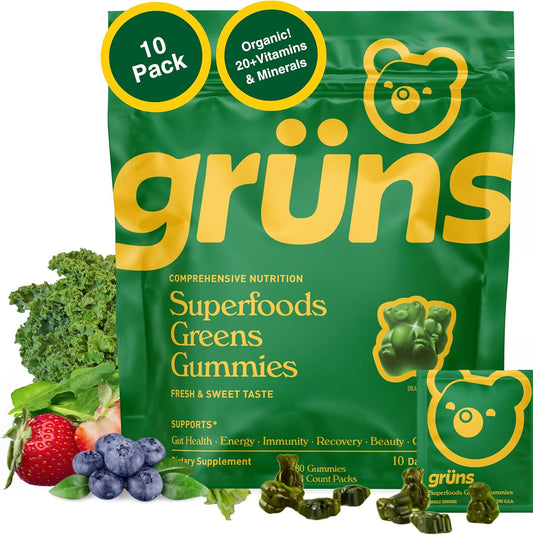 Gruns Adults Super Greens Gummies, Multivitamin Superfood Gummy Bears, Spirulina, Chlorella, Prebiotics & Fiber Gummies for Digestive Health, Adaptogens Supplement, 20 Vitamins & Minerals, 10 Count