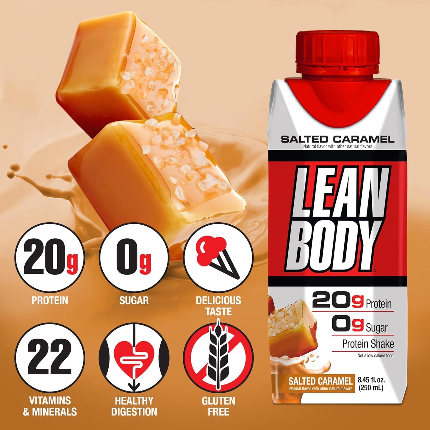 Lean Body Ready-to-Drink Salted Caramel Protein Shake, 20g Protein, Whey Blend, 0 Sugar, Gluten Free, 22 Vitamins & Minerals, (Recyclable Carton & Lid - Pack of 4)