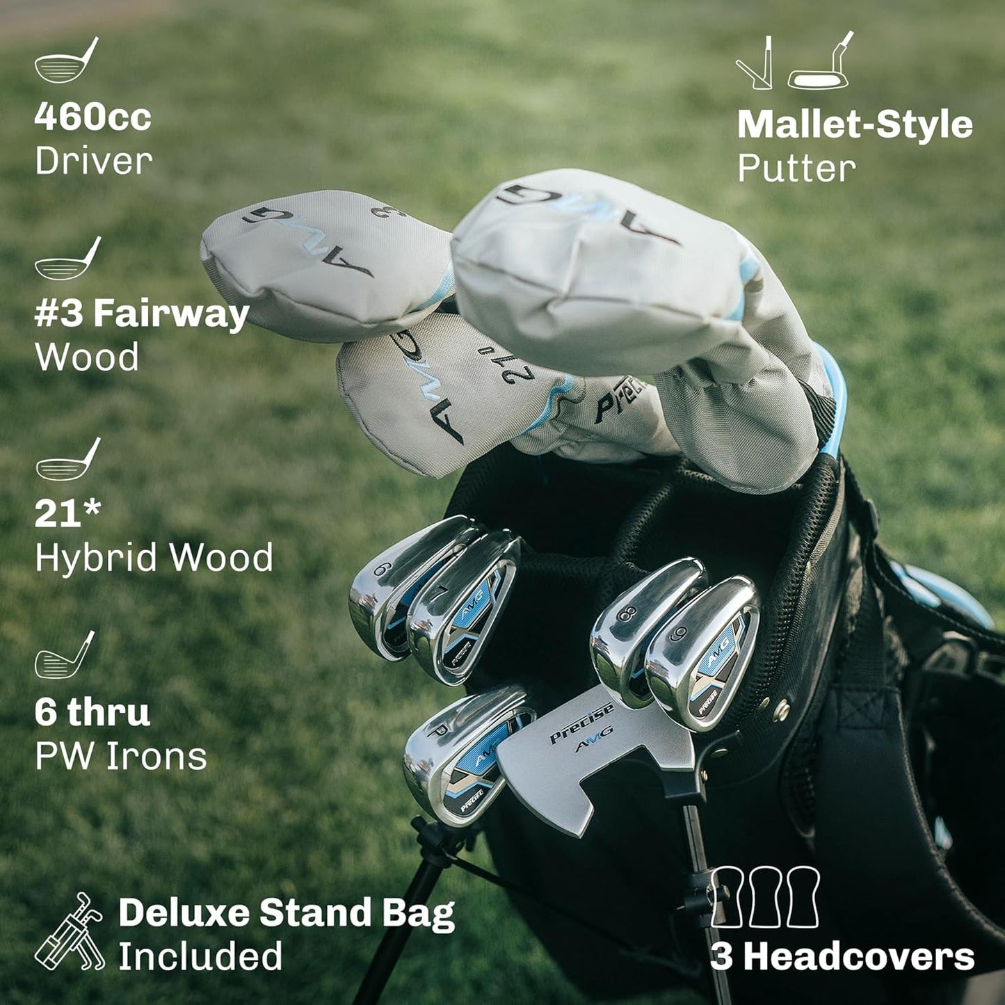 Precise AMG Right-Handed Complete Golf Clubs Set for Petite & Regular Height Women: 460cc Driver, 21° Hybrid, 3 Wood, 6-PW Stainless Irons, Putter, Stand Bag, 3 H/C's | Choose Your Color & Size