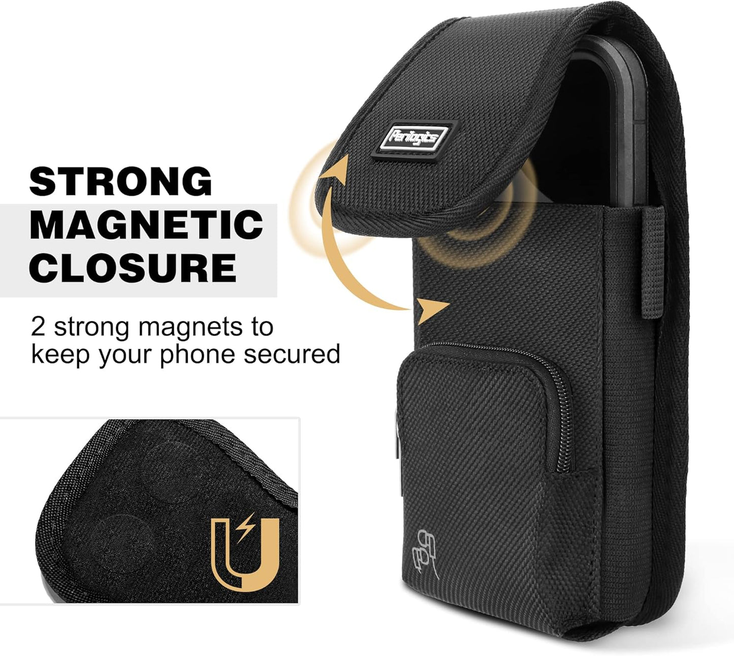 Perilogics Phone Holster with Magnetic Cover, Belt Clip Pouch Fits iPhone 17 Pro Max, 16 Pro Max, 16 Plus and Other Pro Max/Plus Models with Case Installed, with Zipper Storage & Card Pocket