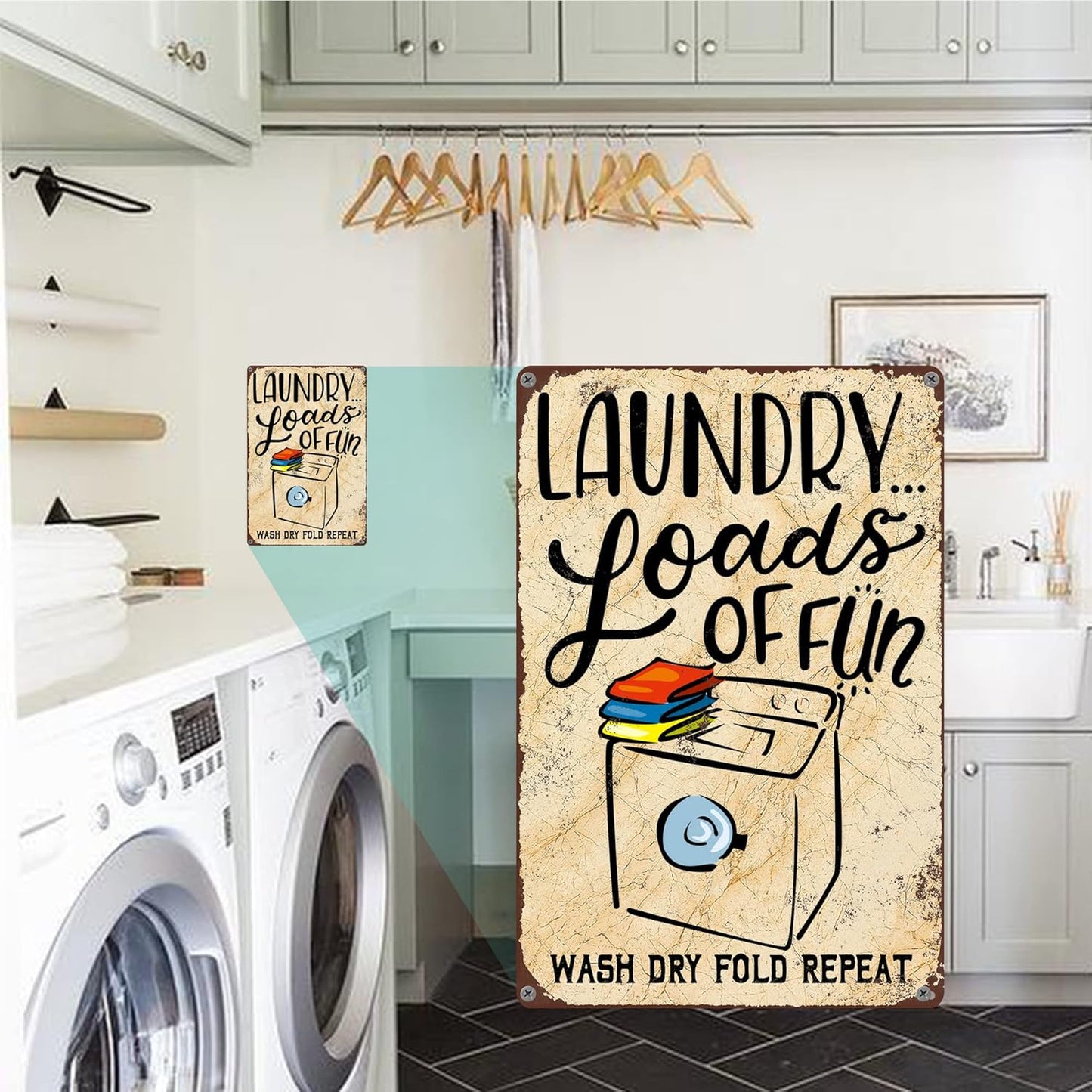 Gocolt Fun Laundry Sign - Vintage Home Decor Unique Accessory Tin Painting Signs - Fits Wall Mounts - Wash-Dry-Fold-Repeat 12x8 Inch