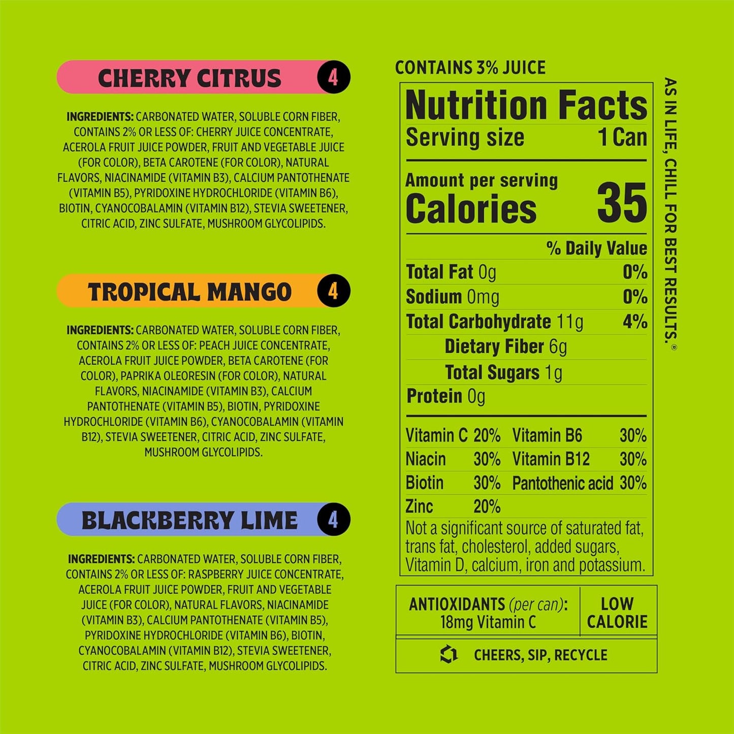 Popwell Variety Pack Better-For-You Prebiotic Soda, with 6g Fiber, 1g Sugar, Vitamins and Immunity Support, 12 fl oz, 12 count (Blackberry Lime, Cherry Citrus, Tropical Mango)