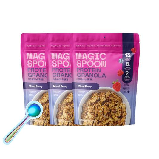 Magic Spoon Protein Granola - High Protein Granola, Keto Friendly, Low Sugar, Grain Free, Healthy Breakfast or Quick Snack and a Spoon (3 bags of Mixed Berry)