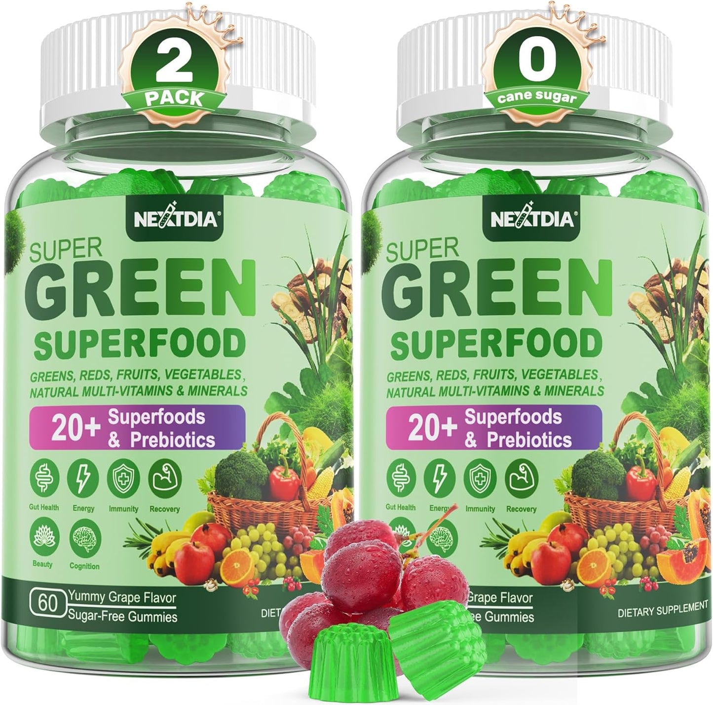 Super Greens Gummies, Greens Superfood Powder Alternative w/Spirulina, Chlorella, Prebiotic Fiber, Probiotic, Fruit Veggie, Daily Fruit Vegetable for Digestive & Gut Health, Immunity, Focus, 120 Cts
