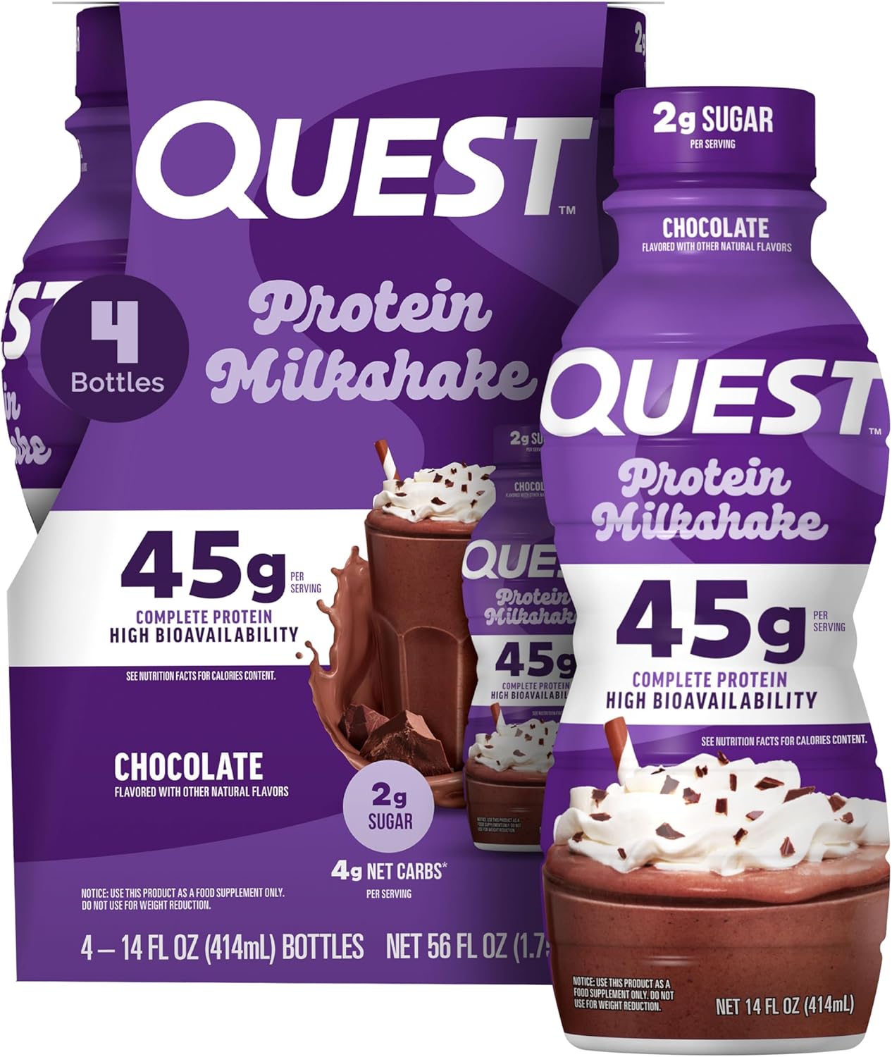 Quest Nutrition Chocolate Protein Shake, 45g Protein, 2g Sugar, 4g Net Carbs, Ready to Drink, Gluten Free, 4 Count