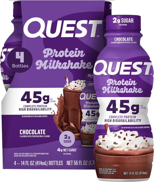 Quest Nutrition Chocolate Protein Shake, 45g Protein, 2g Sugar, 4g Net Carbs, Ready to Drink, Gluten Free, 4 Count