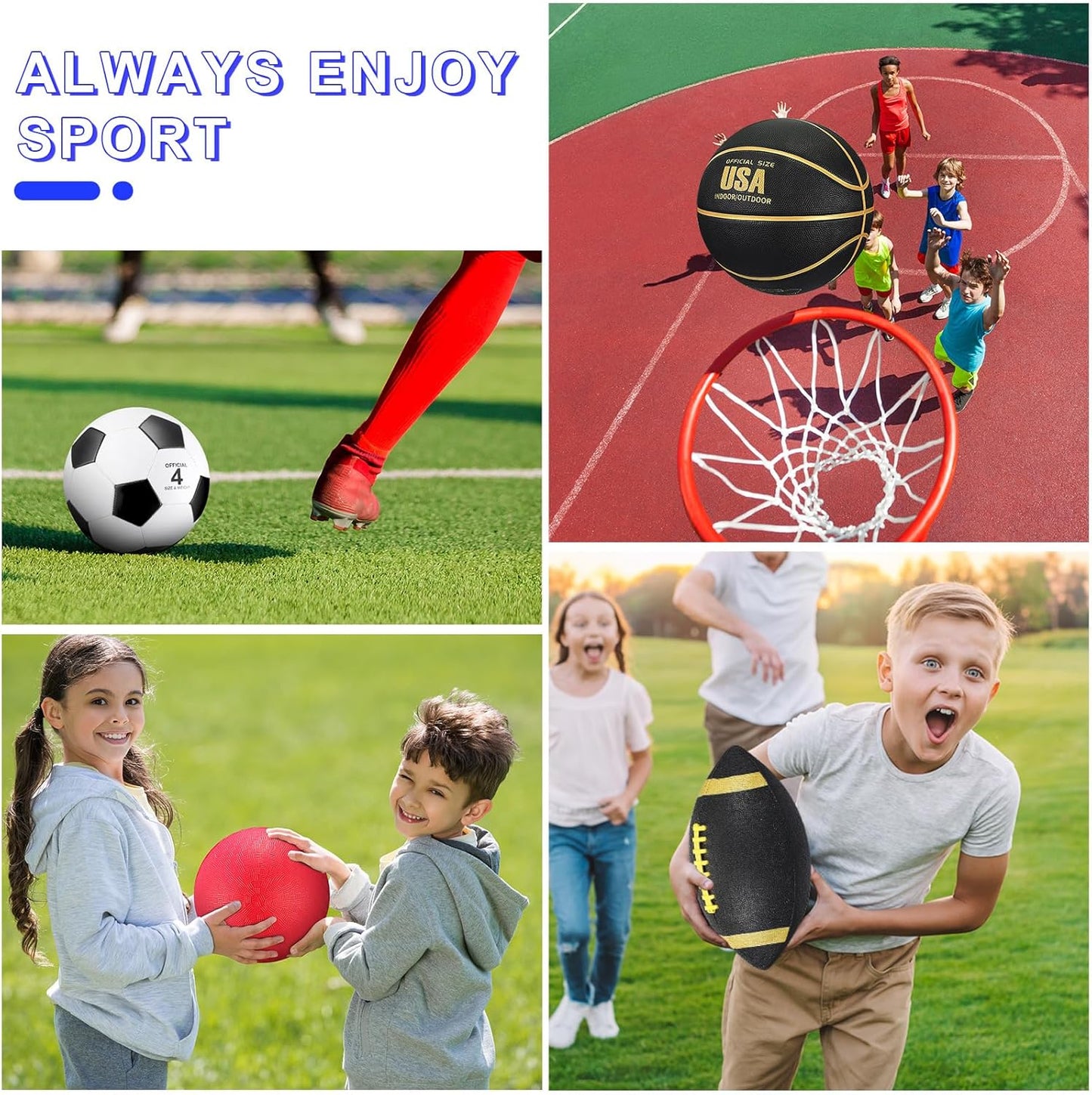 Deekin 4 Pcs Sport Balls Set for Kids Teens, Include Official Size 5 Basketball 4 Soccer 6 Football Playground Ball and Pump Sports Equipment Bag Recess Equipment Sport for Students(Classic Color)