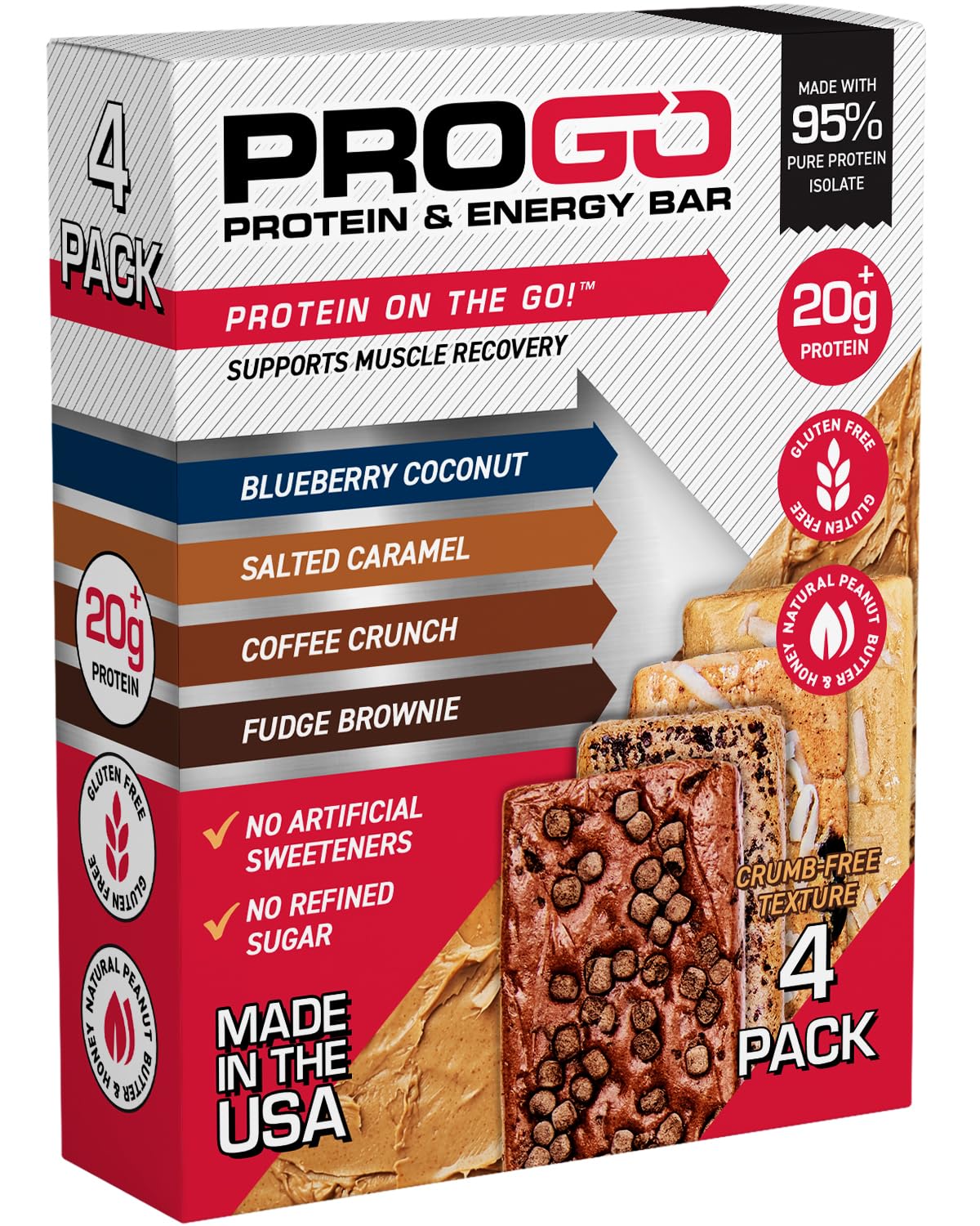 ProGo Protein Bars, Low Sugar, High Protein Snacks (Up to 22g) - 95% Pure Isolate for Faster Muscle Growth & Recovery, Low Calorie, Sweetened w/Peanut Butter & Honey (4-Count, Starter Pack)