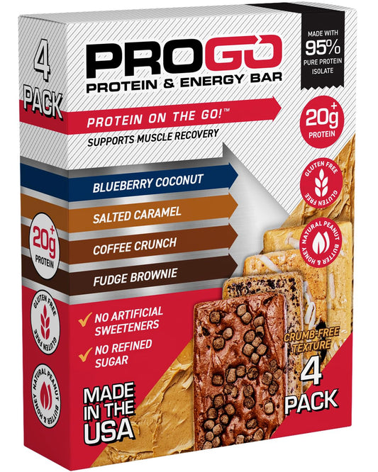 ProGo Protein Bars, Low Sugar, High Protein Snacks (Up to 22g) - 95% Pure Isolate for Faster Muscle Growth & Recovery, Low Calorie, Sweetened w/Peanut Butter & Honey (4-Count, Starter Pack)