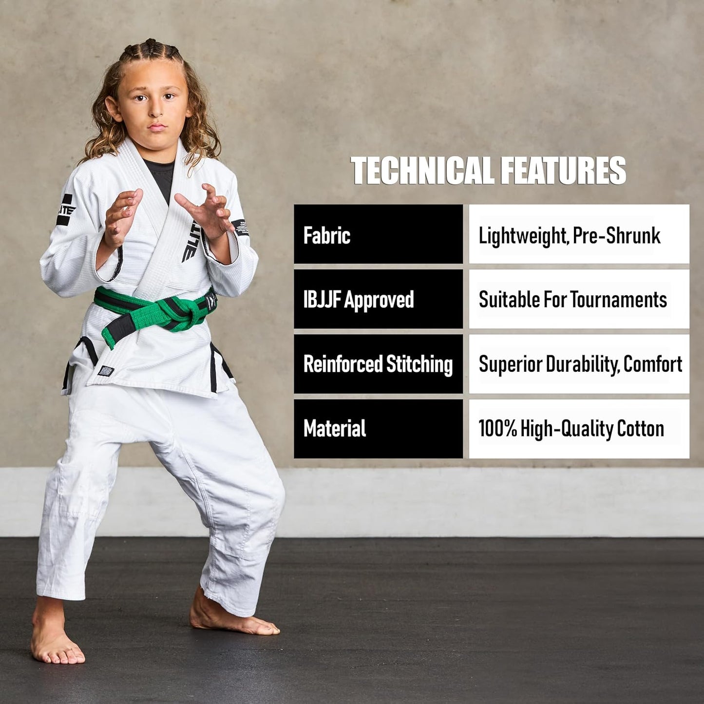 Elite Sports Kids Brazilian Jiu Jitsu Belts Preshurunk Martial Arts Youth BJJ Belts for Girls & Boys with BJJ Ranking Stripes