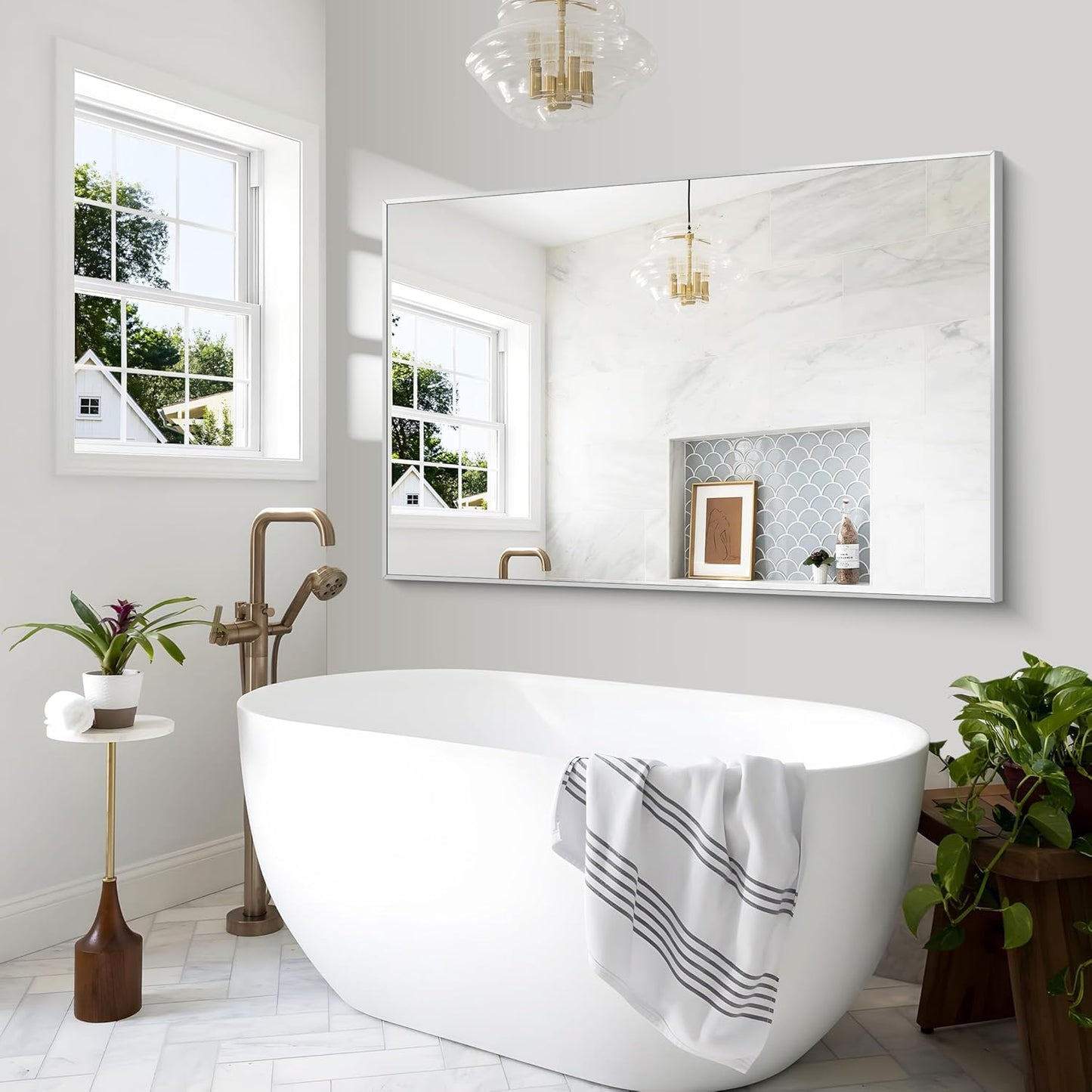 Silver Bathroom Mirror,60x40 inch Wall Mirror for Bathroom Wall Mounted,Large Rectangle Mirror for Bathroom Over Sink,Modern Metal Frame for Living Room,Bedroom Entryway,Horizontal/Vertical