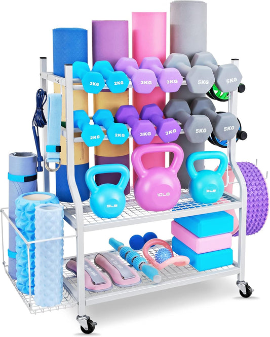 Dumbbell Rack, Yoga Mat Storage Rack - Weight Rack for Dumbbells, Home Gym Storage Rack for Yoga Mat, Dumbbells and Kettlebells, All in One Workout Equipment Storage with Caster Wheels