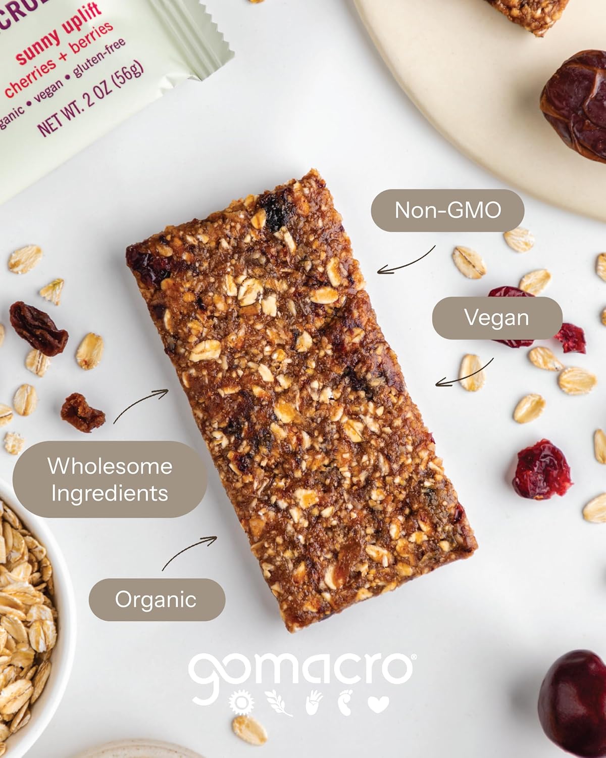 GoMacro MacroBar Organic Vegan Snack Bars - Cherries + Berries (2.0 Ounce Bars, 12 Count)