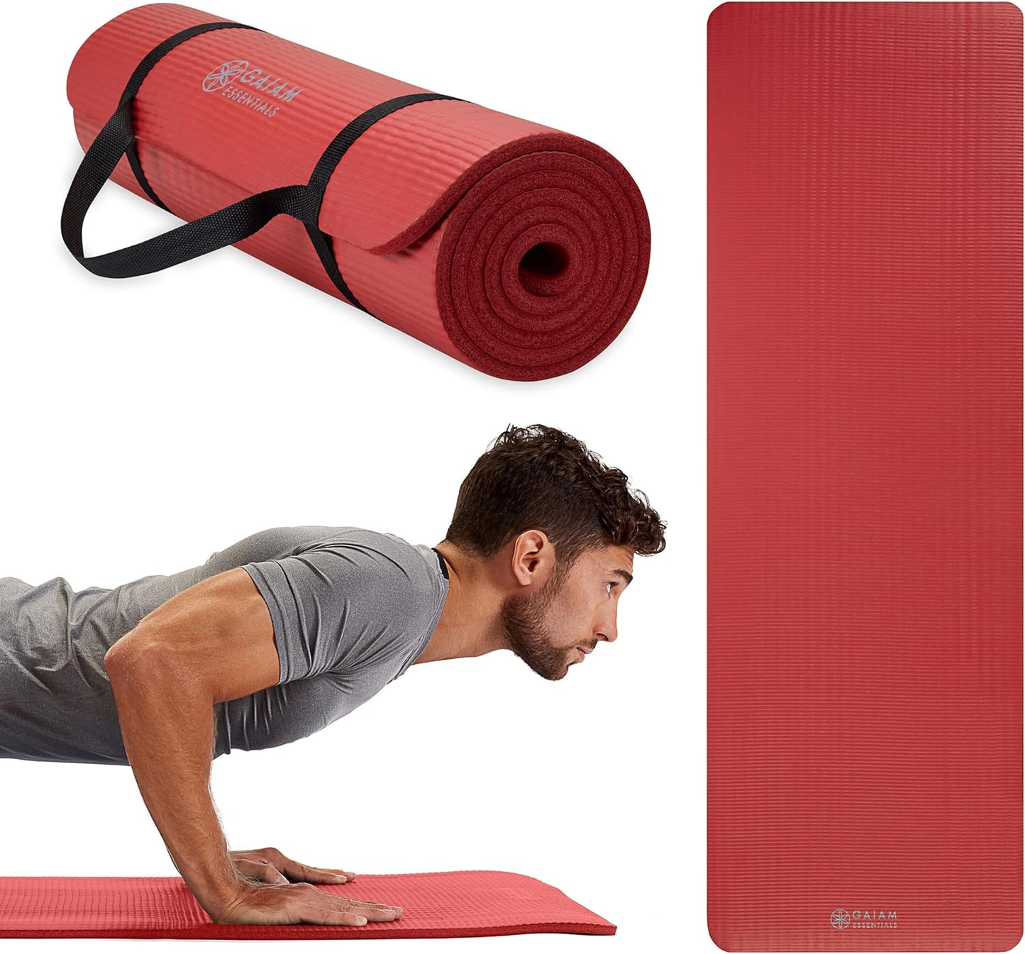 Gaiam Essentials Thick Yoga Mat Fitness & Exercise Mat with Easy-Cinch Yoga Mat Carrier Strap, 72"L x 24"W x 2/5 Inch Thick