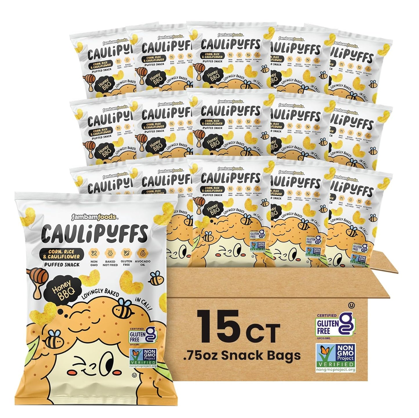 CauliPuffs - Corn, Rice, and Cauliflower Gluten Free Puffed Snack (15 X 0.75oz Bags, Honey BBQ)
