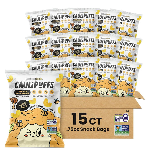 CauliPuffs - Corn, Rice, and Cauliflower Gluten Free Puffed Snack (15 X 0.75oz Bags, Honey BBQ)