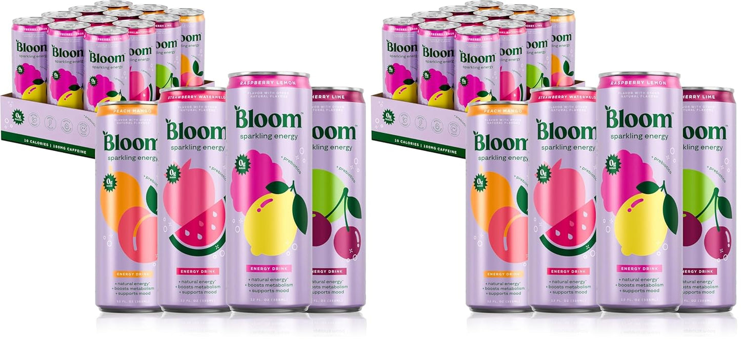 Bloom Nutrition Sparkling Energy Drink - Variety Pack - Natural Caffeine, Zero Sugar, 180mg Caffeine - Antioxidant-Rich with Green Coffee Bean, Green Tea Extract, Prebiotics - 12oz 24 Pack