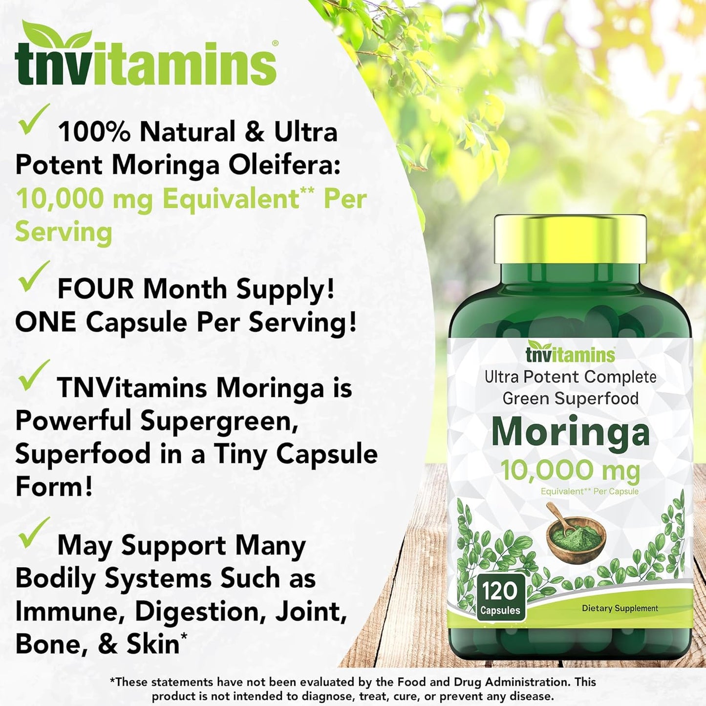 Moringa Capsules 10,000 mg - 120 Capsules | Pure Moringa Oleifera Leaf Powder Supplement | Powerful Green Superfood | Super Greens Powder Pills | Non-GMO, Made in The USA!