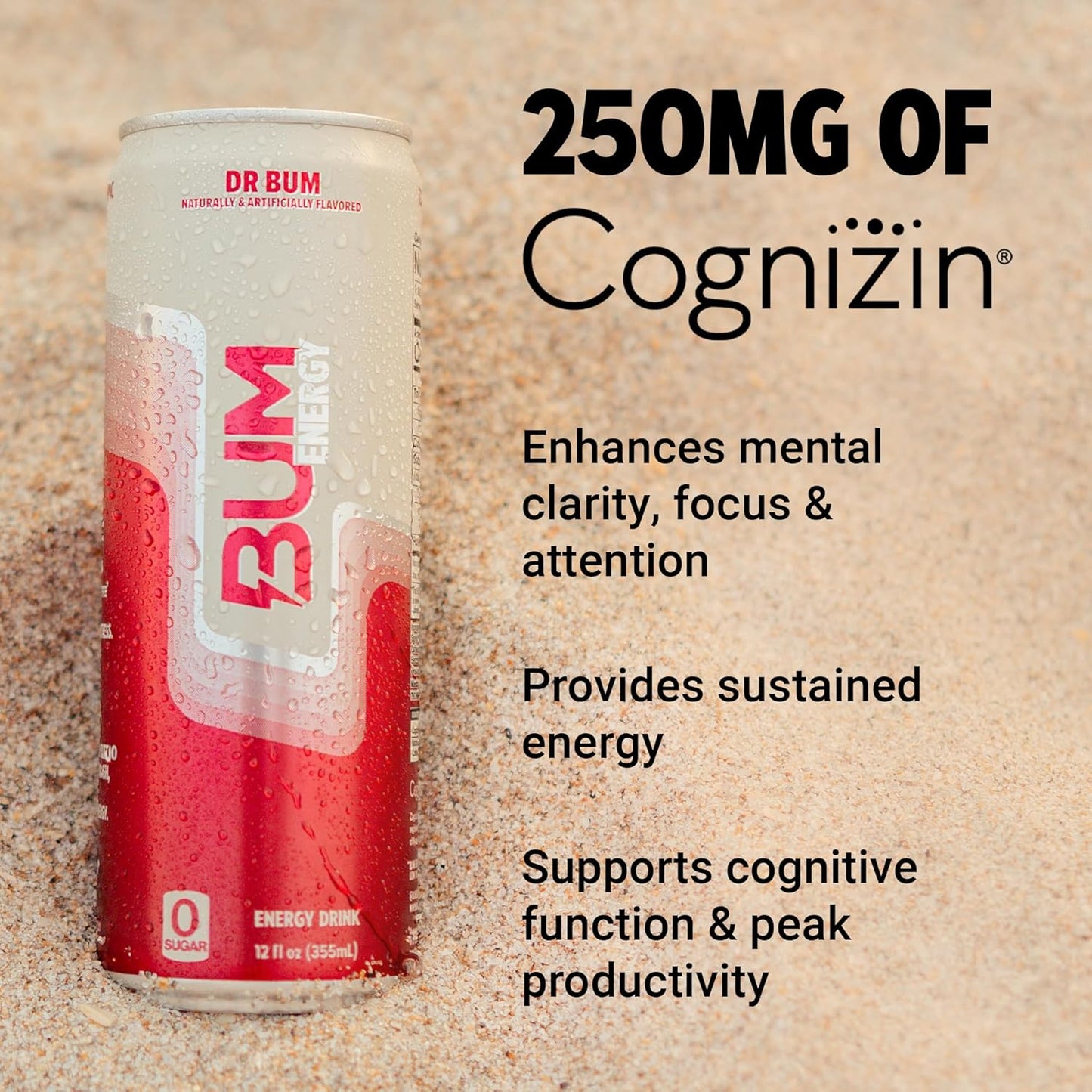 BUM Sugar-Free Energy Drink, Dr BUM - Lightly Carbonated & No Artificial Colors, Natural Caffeine & Citicoline for Energy & Focus, Brain Boost & Workout Sports Beverage - 12 oz, 12-Pack