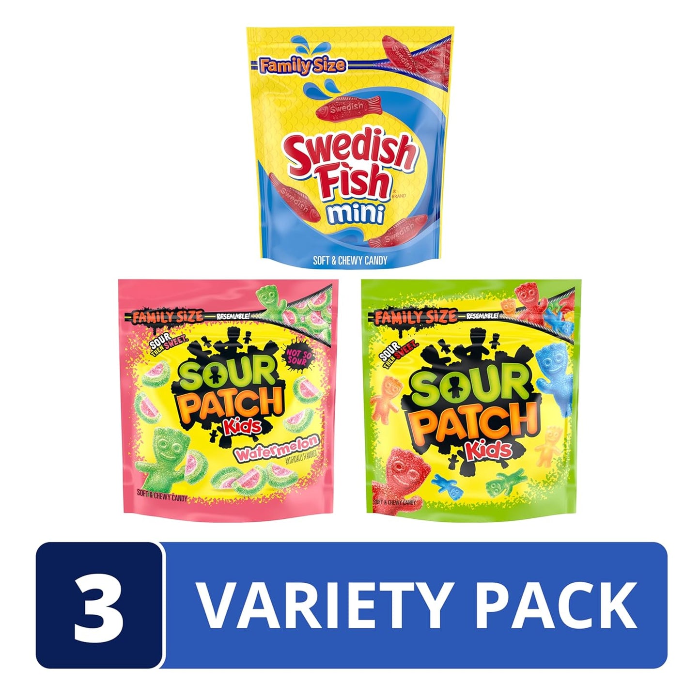 SOUR PATCH KIDS Original, SOUR PATCH KIDS Watermelon, and SWEDISH FISH Mini Soft & Chewy Candy Variety Pack, Family Size, Bulk Candy, 3-1.8 lb Bags