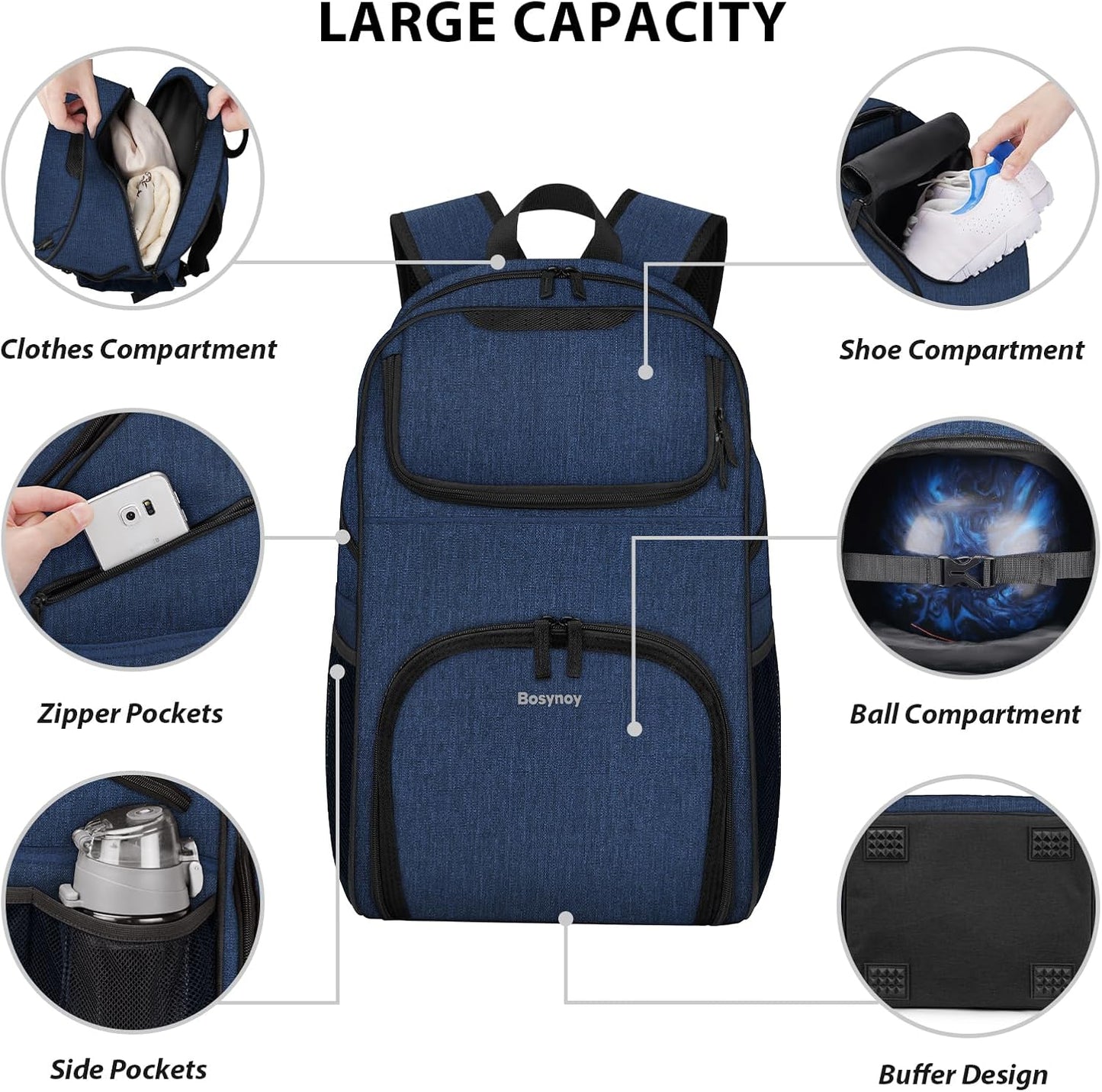 Bosynoy Bowling Backpack, Bowling Ball Bag Totes for Single Ball with Shoe Compartment & Foam Padded, Fits Shoes Up to US Mens Size 16, Grey