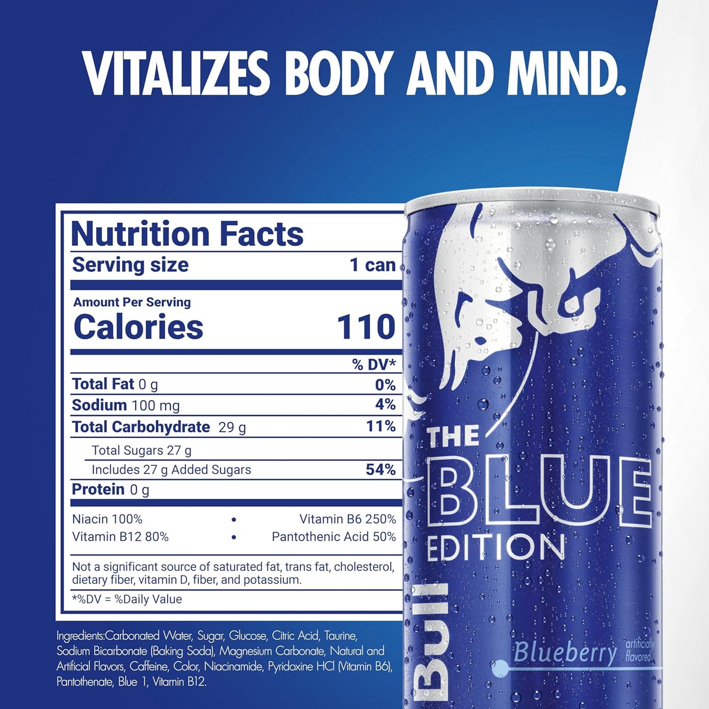 Red Bull Blue Edition Energy Drink, Blueberry, with 80mg Caffeine plus Taurine & B Vitamins, 8.4 Fl Oz, Pack of 24 Cans