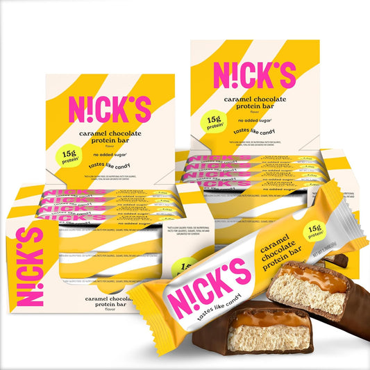 Nick's Protein Bars Chocolate Caramel | 15g protein | 190 calories | Low Carb Keto Friendly Snacks No Added Sugar (Multipack 24 bars x 50g)